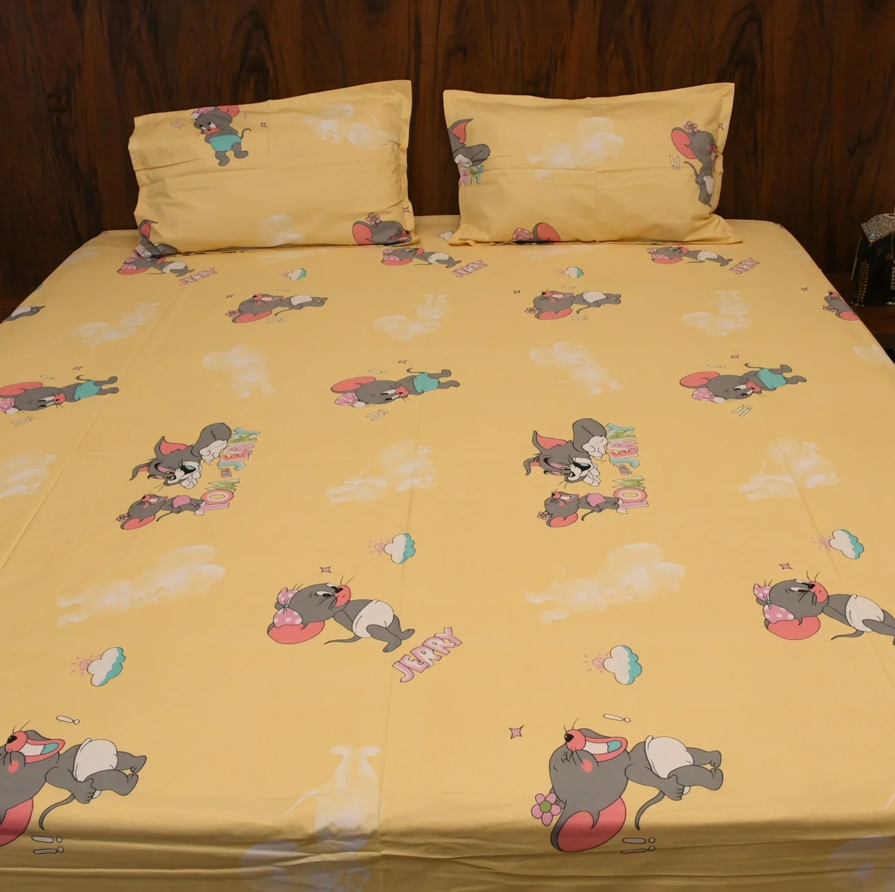 Tom & Jerry Kids Cartoon Bedsheet – Sunny Yellow | Pure Cotton - Avyana Bedding Collection