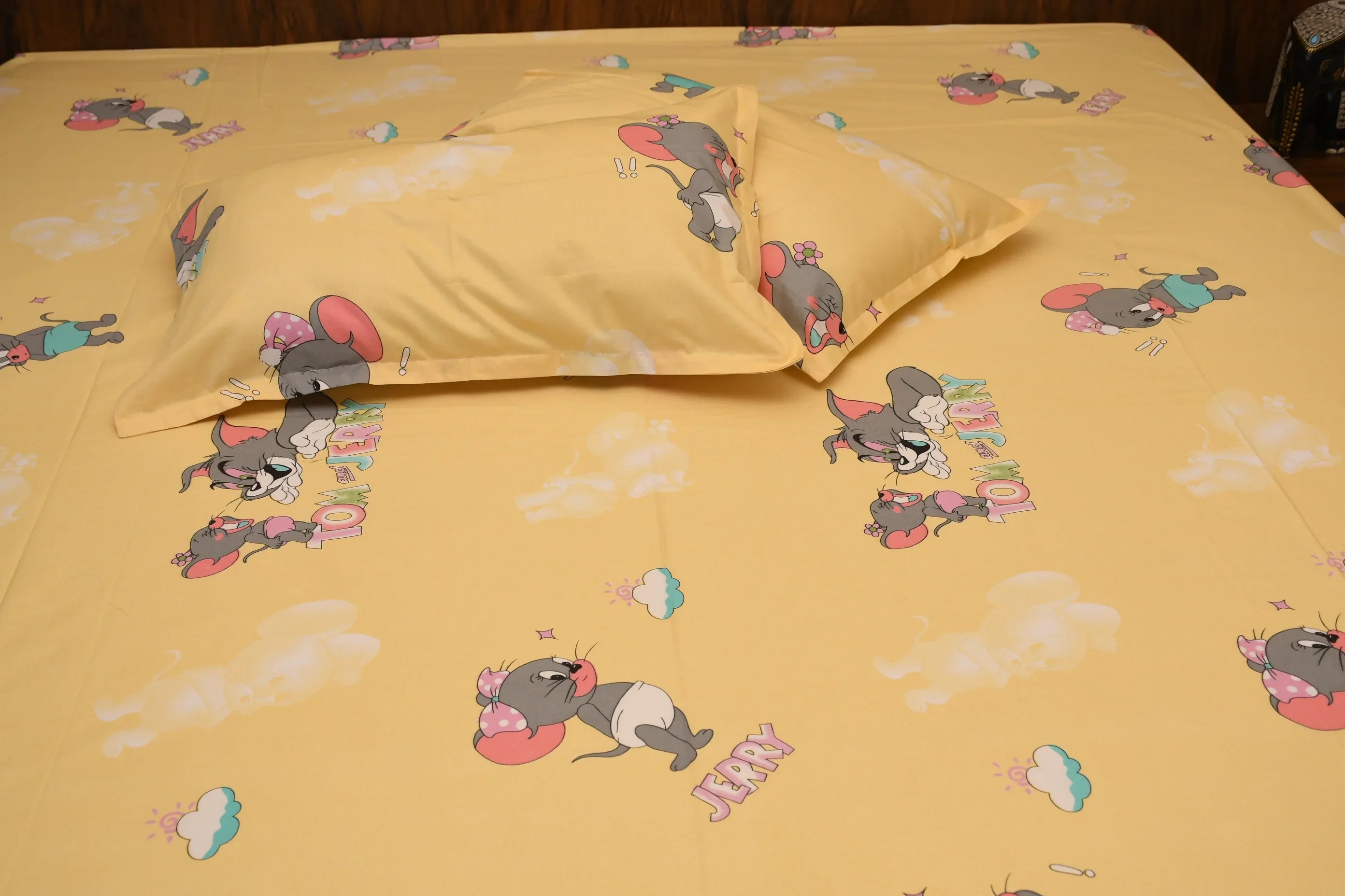 Tom & Jerry Kids Cartoon Bedsheet – Sunny Yellow | Pure Cotton - Avyana Bedding Collection