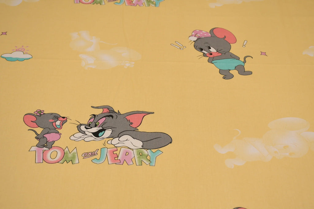 Tom & Jerry Kids Cartoon Bedsheet – Sunny Yellow | Pure Cotton - Avyana Bedding Collection