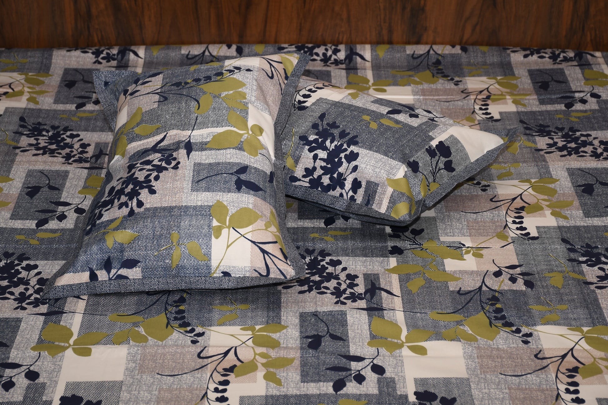 Twilight Leaf Cotton Bedsheet – Midnight Blue & Olive Blocks - Avyana Bedding Collection