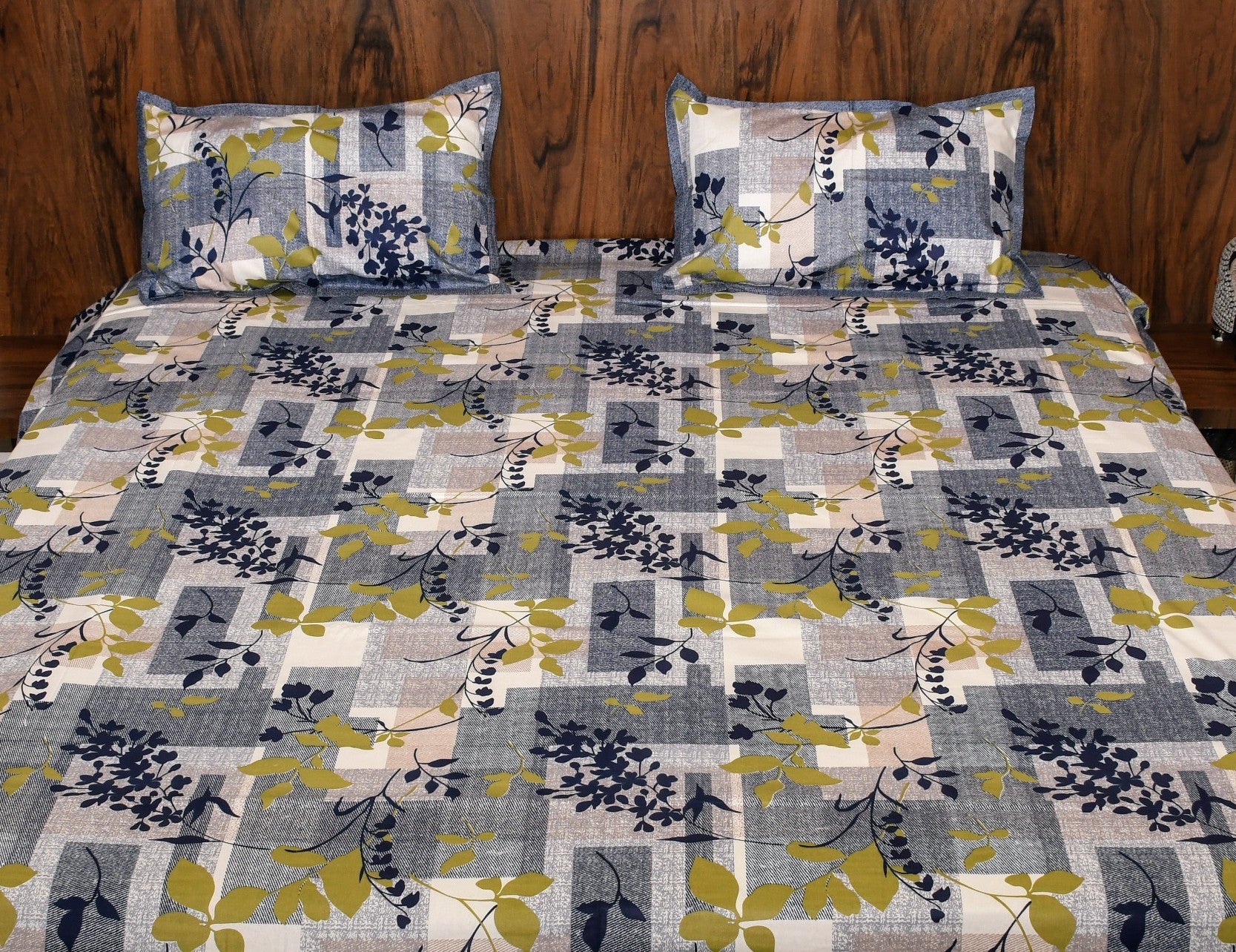 Twilight Leaf Cotton Bedsheet – Midnight Blue & Olive Blocks - Avyana Bedding Collection