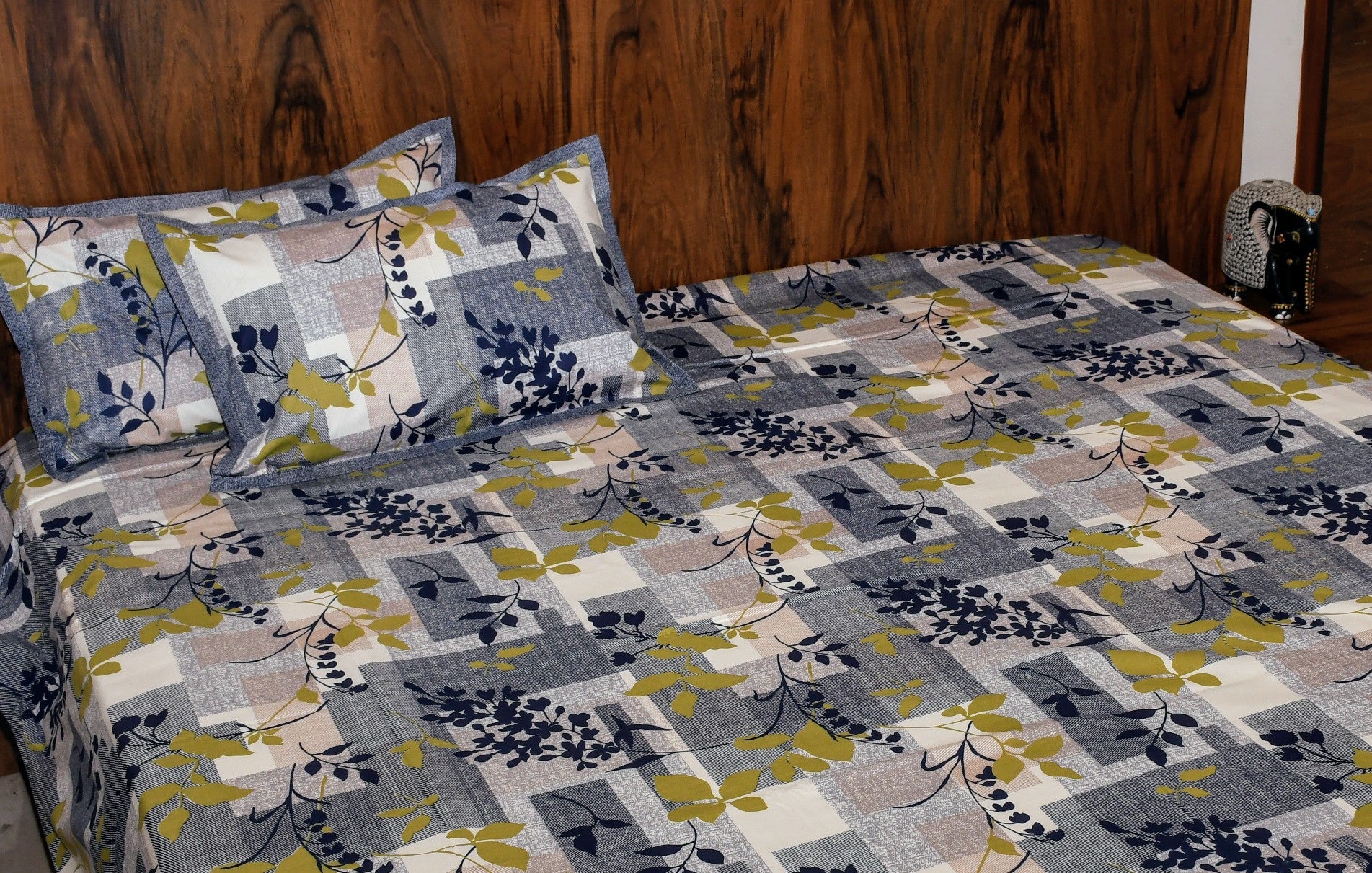 Twilight Leaf Cotton Bedsheet – Midnight Blue & Olive Blocks - Avyana Bedding Collection