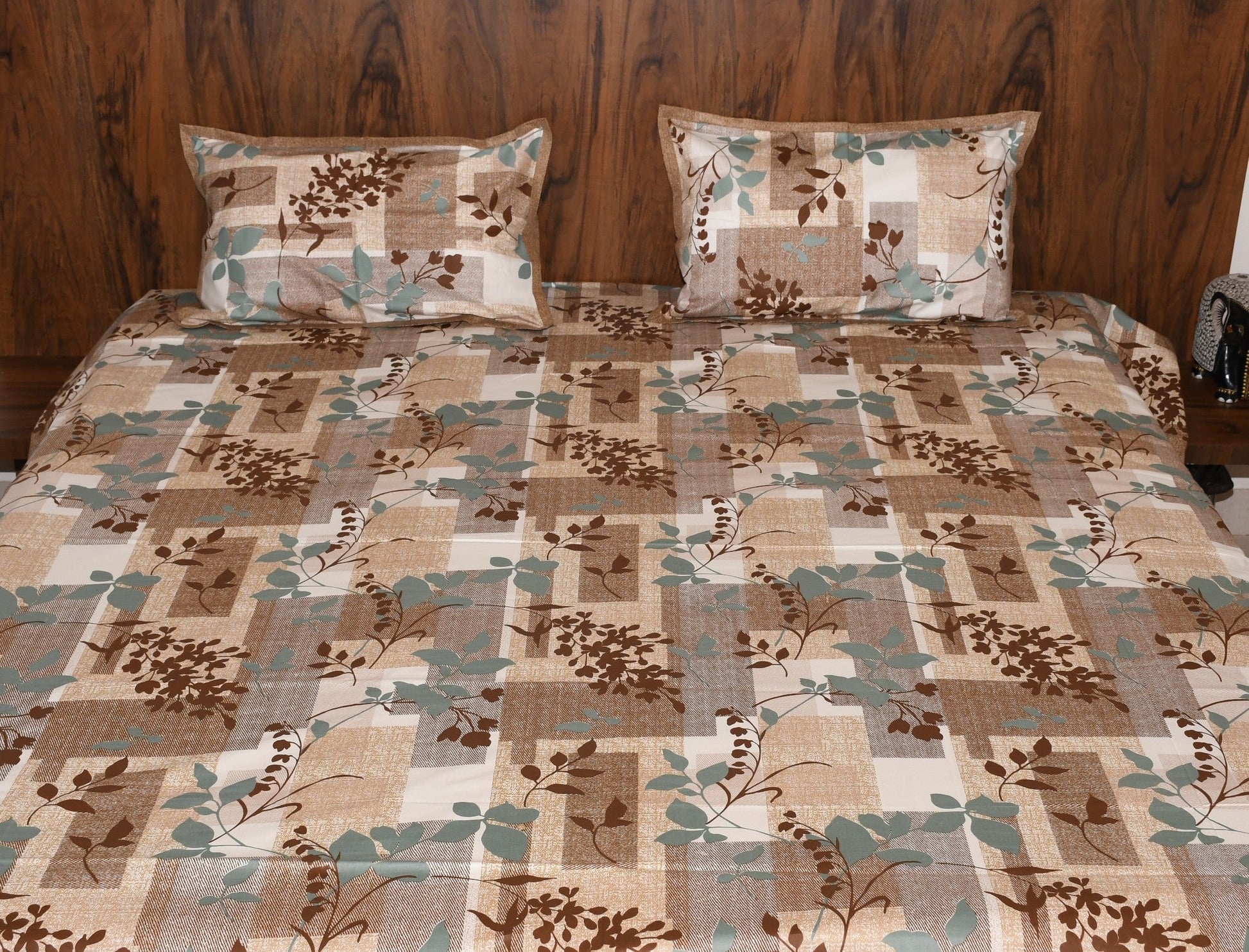 Urban Earth Pure Cotton Bedsheet – Rustic Brown Botanical Blocks - Avyana Bedding Collection