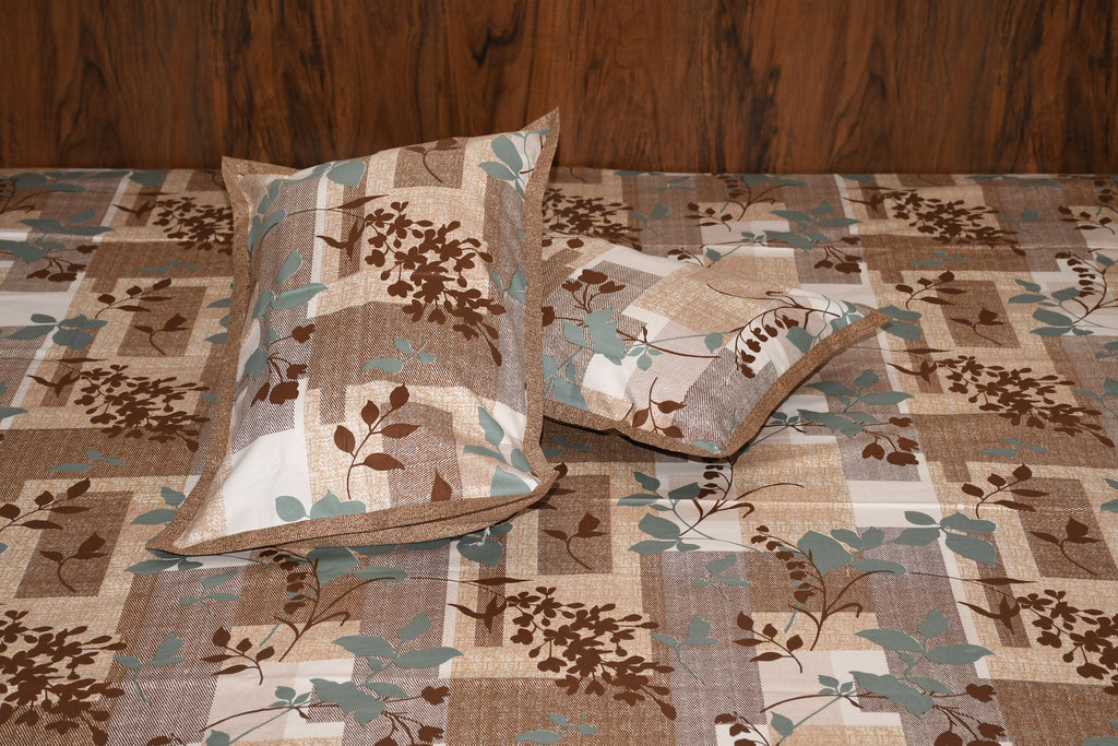 Urban Earth Pure Cotton Bedsheet – Rustic Brown Botanical Blocks - Avyana Bedding Collection