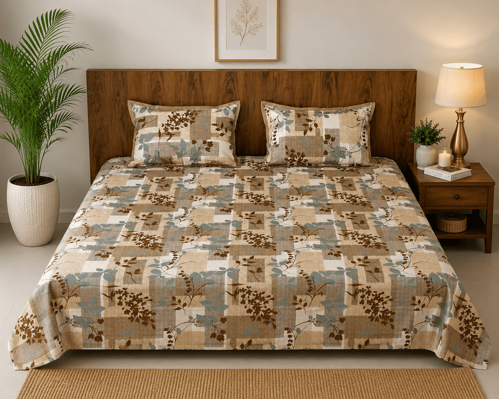 Urban Earth Pure Cotton Bedsheet – Rustic Brown Botanical Blocks - Avyana Bedding Collection