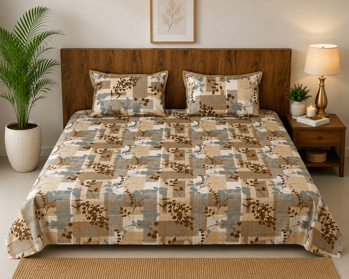 Urban Earth Pure Cotton Bedsheet – Rustic Brown Botanical Blocks - Avyana Bedding Collection