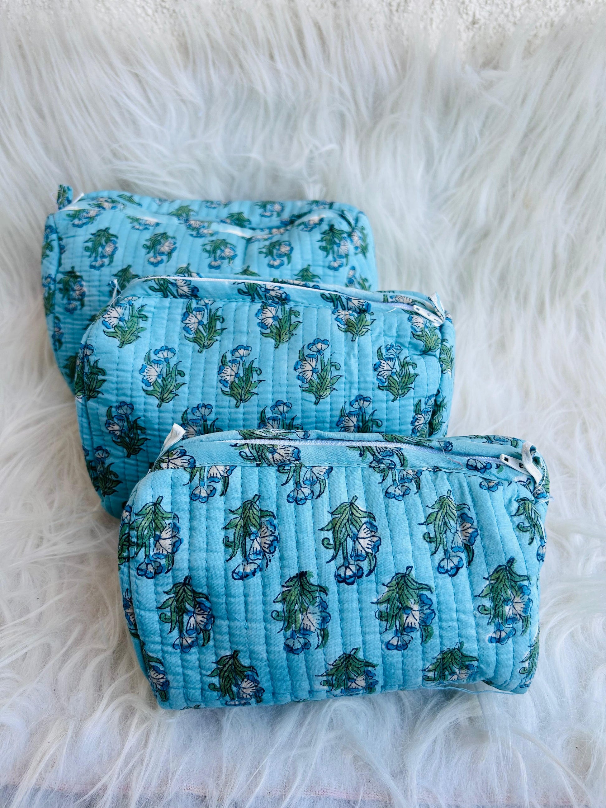 Utility Pouches - set of 3 - Blue with Green Flowers - Avyana Bedding Collection