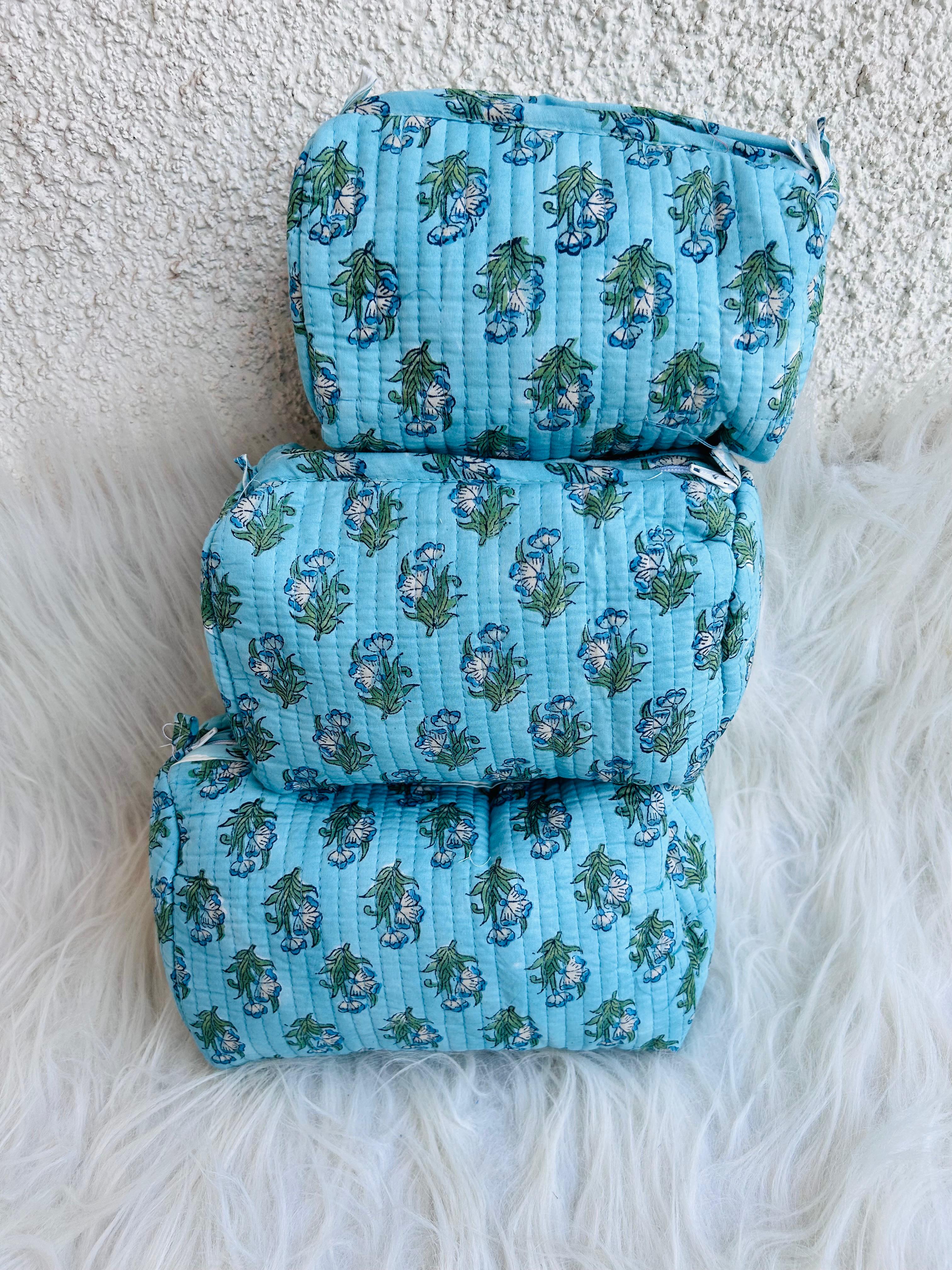 Utility Pouches - set of 3 - Blue with Green Flowers - Avyana Bedding Collection