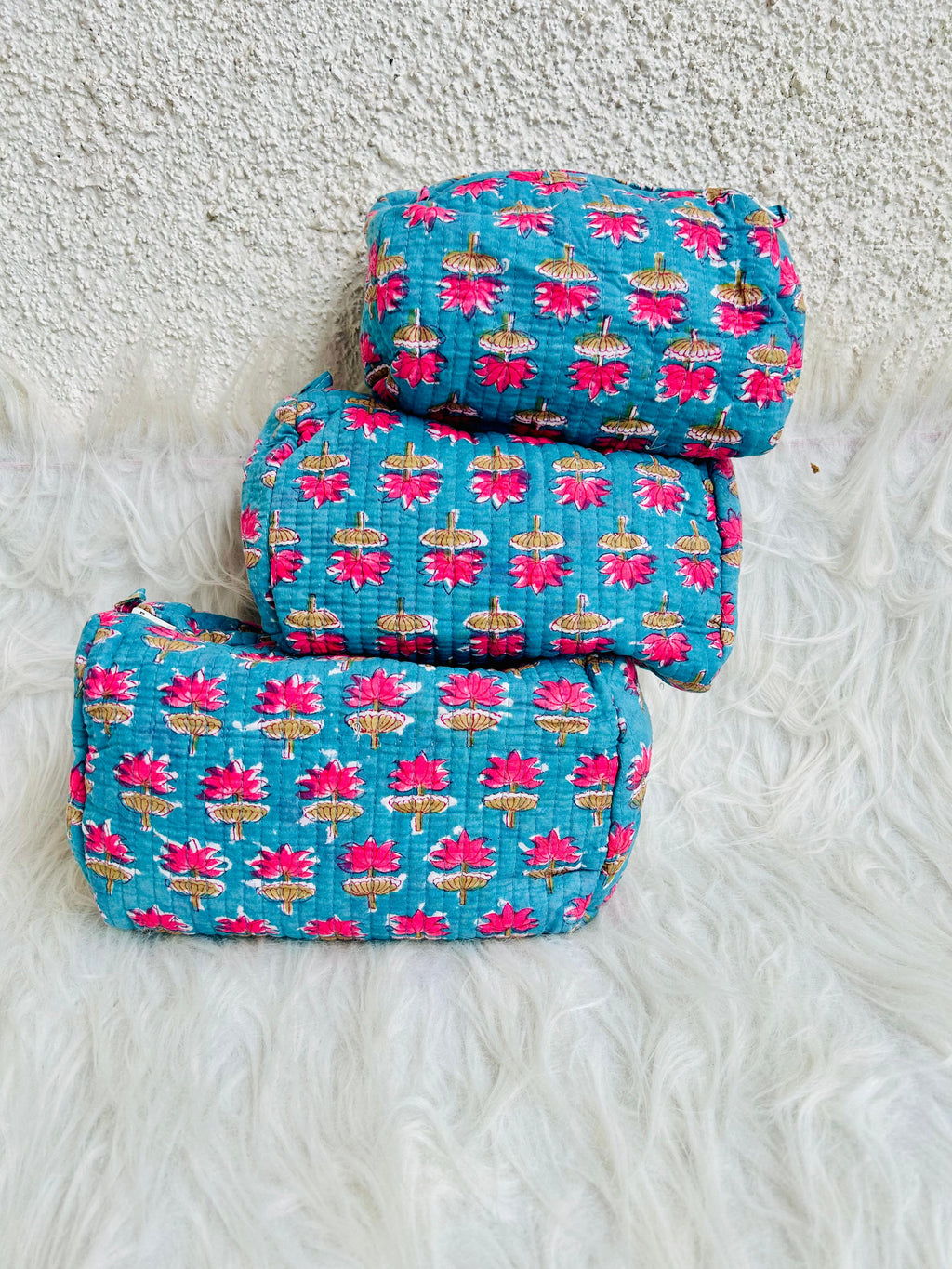 Utility Pouches - set of 3 - Blue with Lotus Flowers - Avyana Bedding Collection