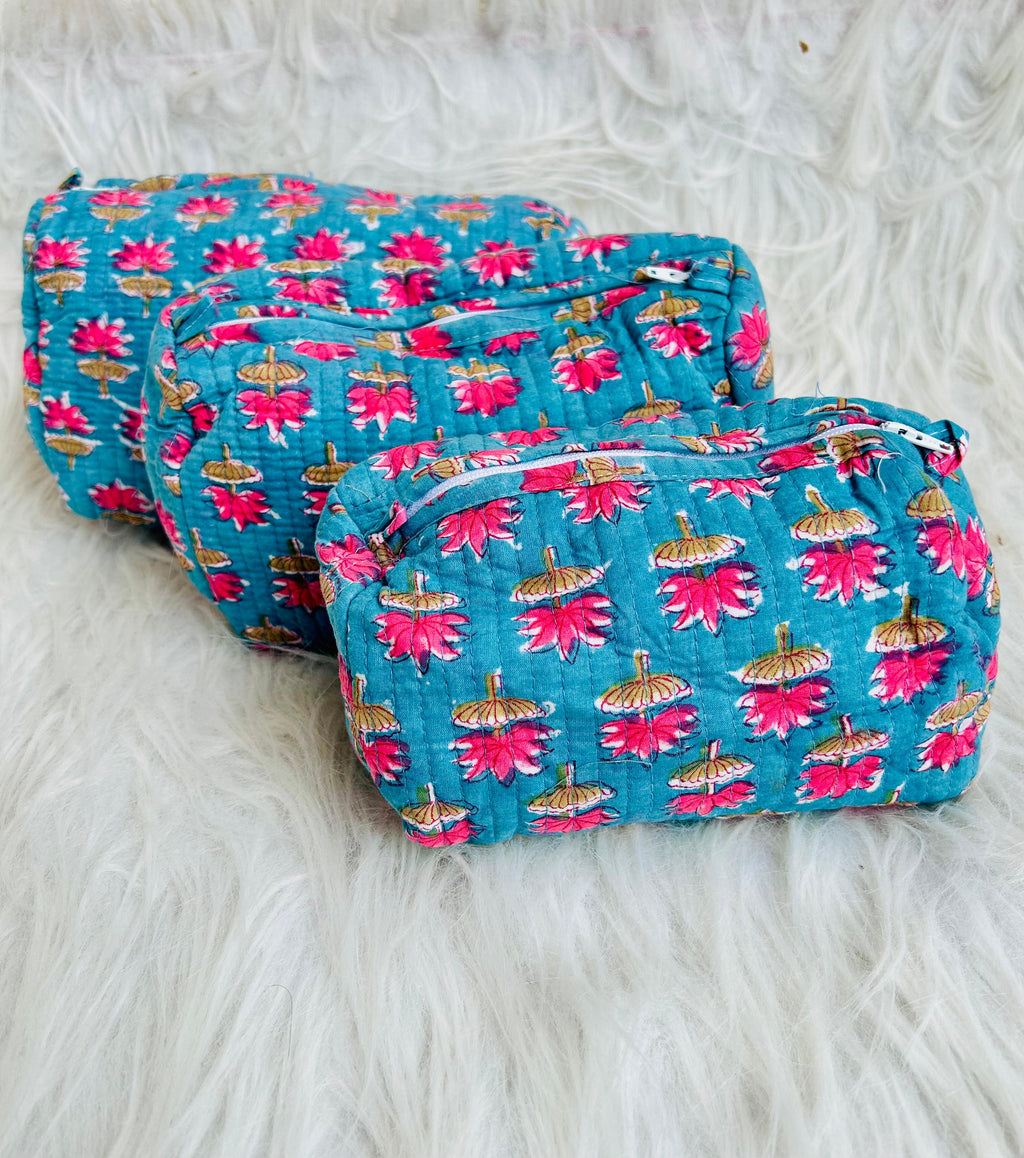 Utility Pouches - set of 3 - Blue with Lotus Flowers - Avyana Bedding Collection