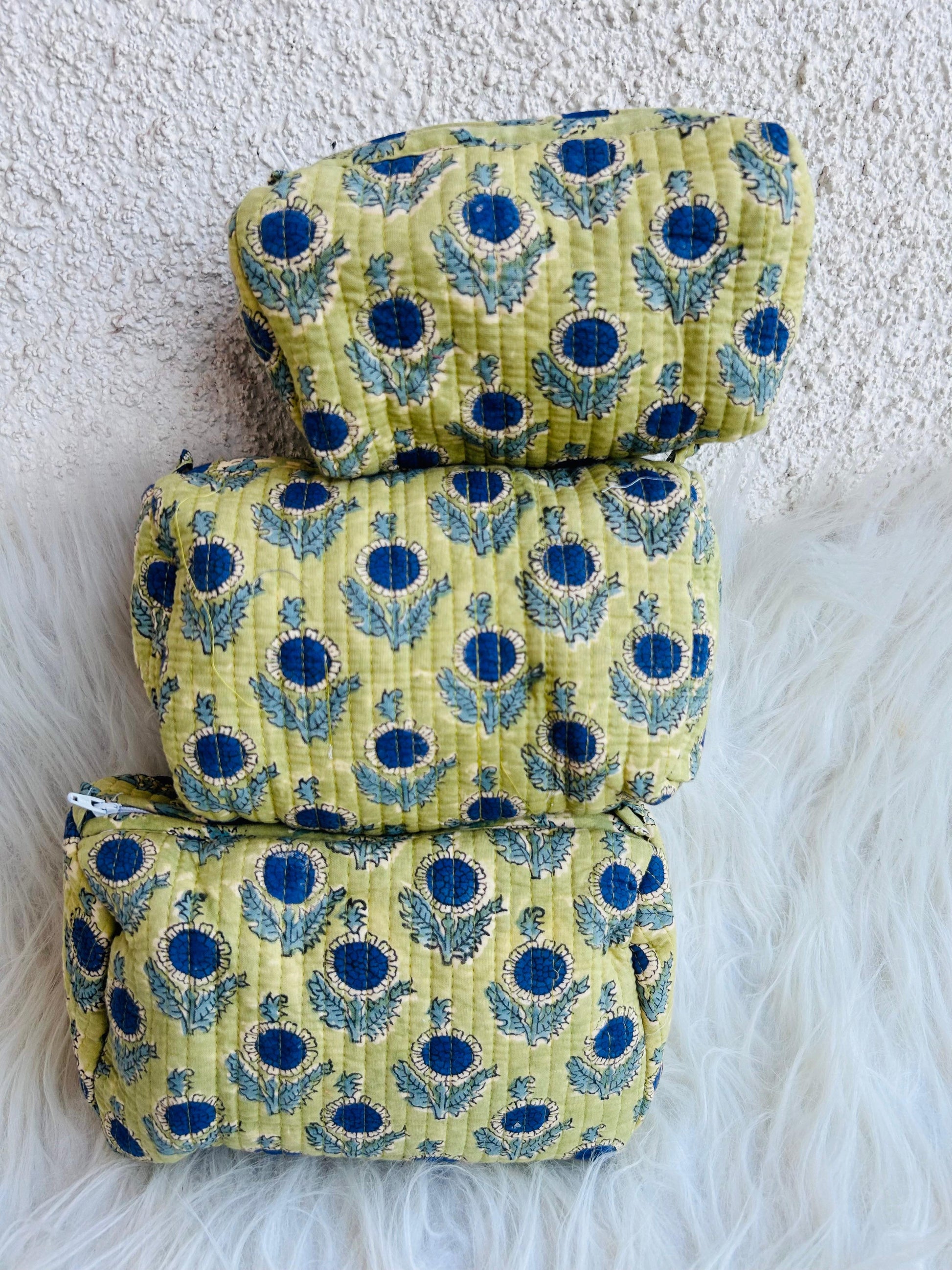 Utility Pouches - set of 3 - Green with Blue Flowers - Avyana Bedding Collection