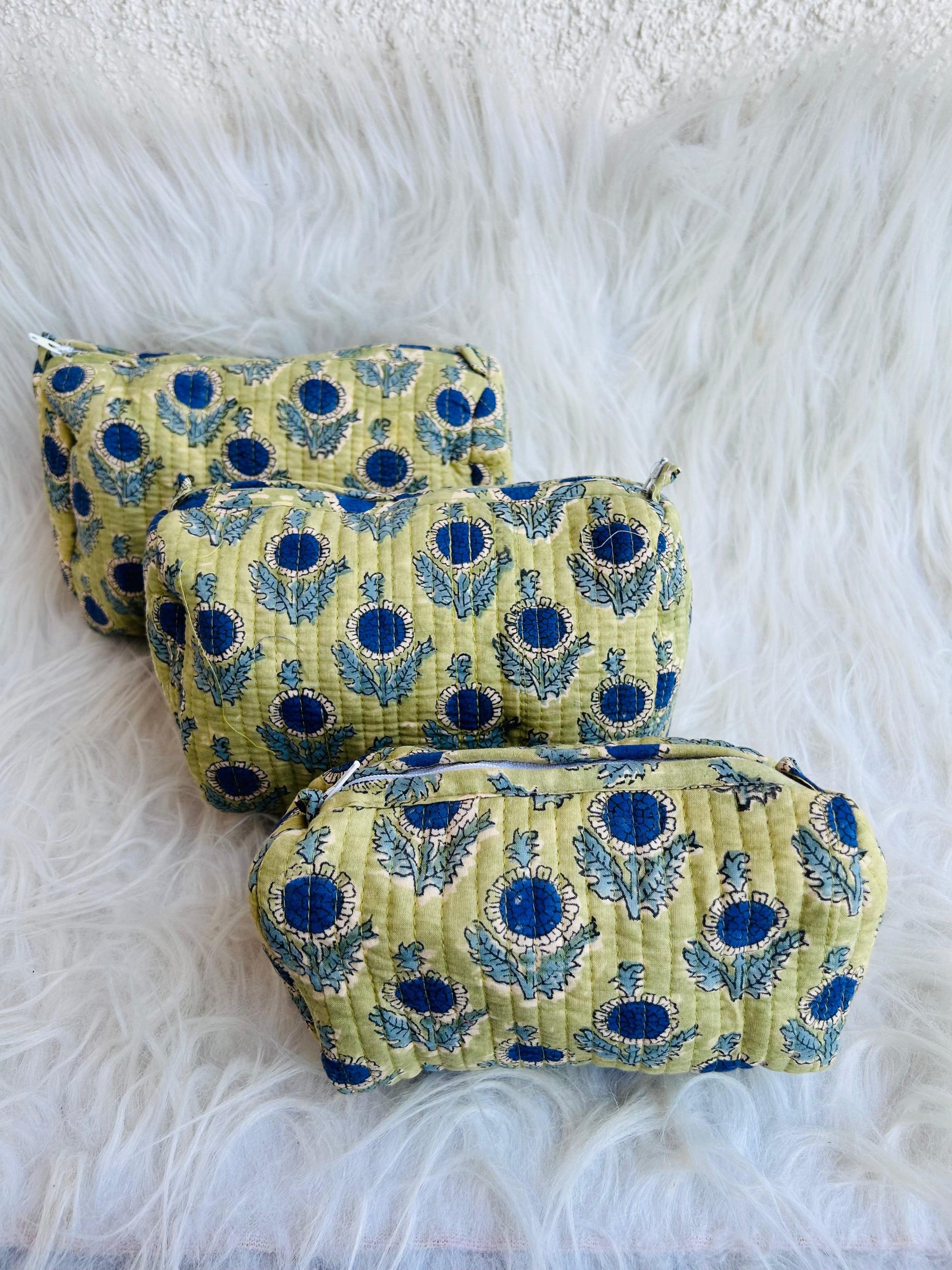 Utility Pouches - set of 3 - Green with Blue Flowers - Avyana Bedding Collection