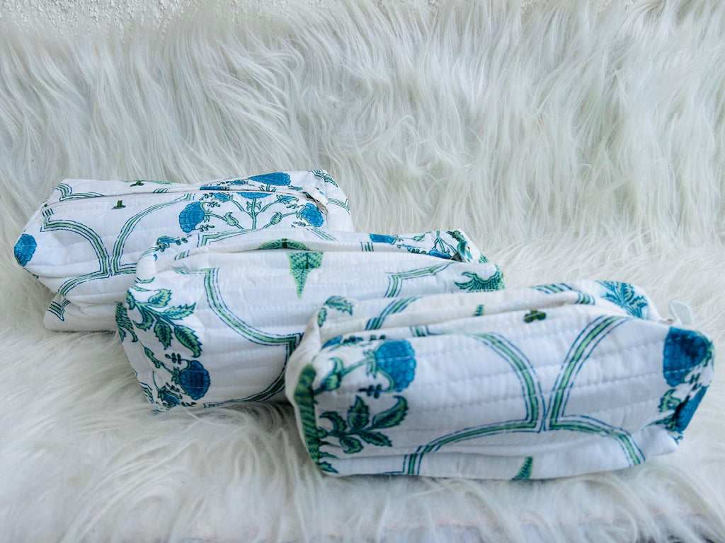 Utility Pouches - set of 3 - White and Blue - Avyana Bedding Collection