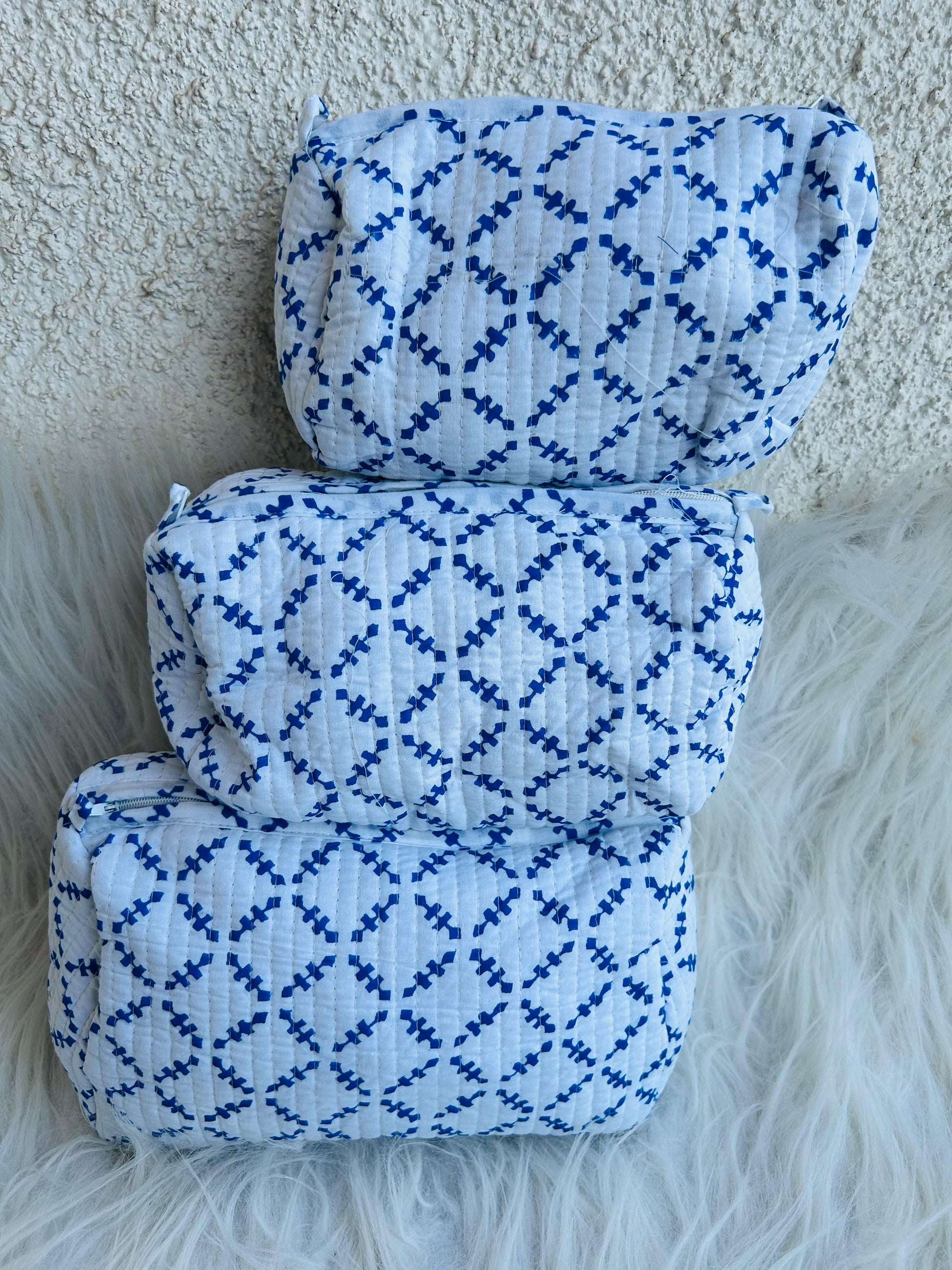 Utility Pouches - set of 3 - White and Blue - Avyana Bedding Collection