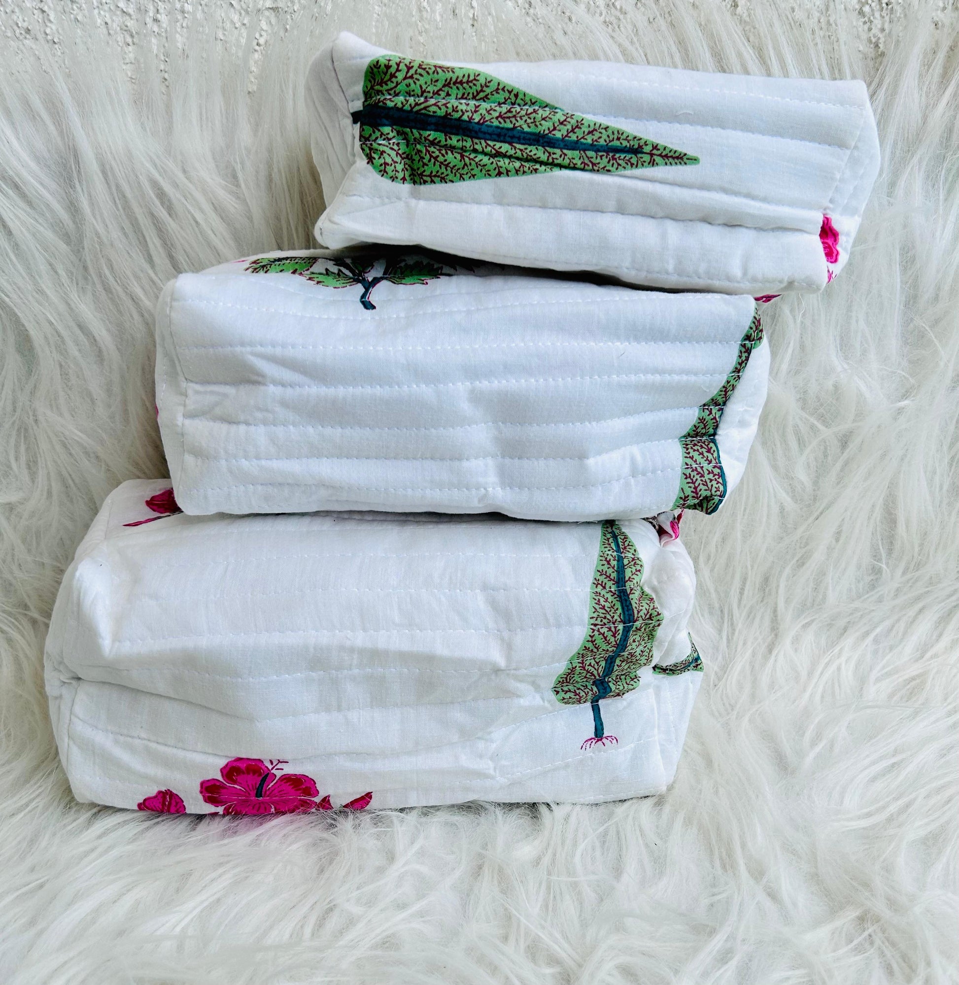 Utility Pouches - set of 3 - White and Pink - Avyana Bedding Collection