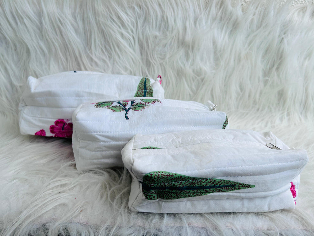 Utility Pouches - set of 3 - White and Pink - Avyana Bedding Collection