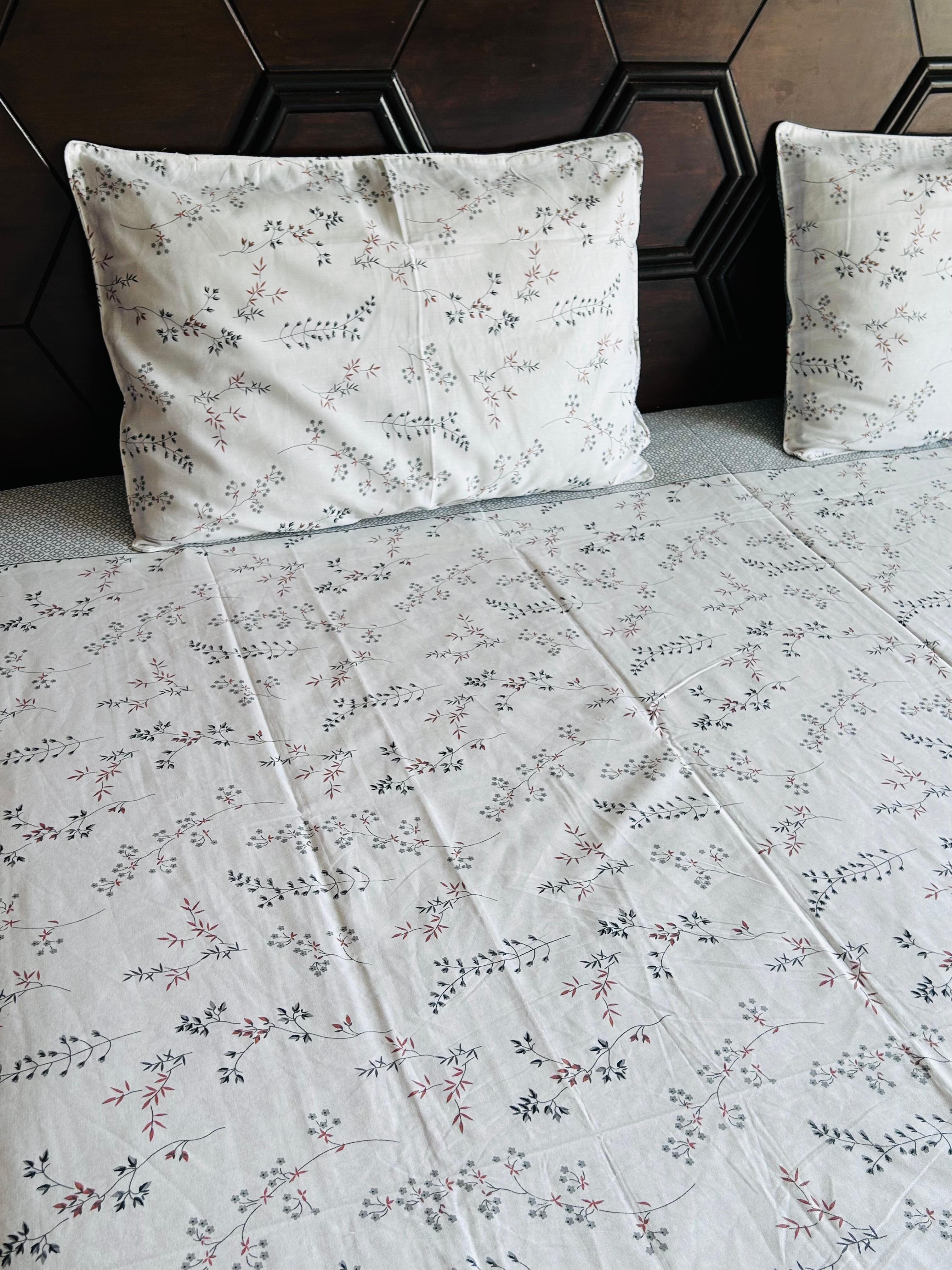 White Botanical Bliss Cotton Bedsheet Set - Avyana Bedding Collection