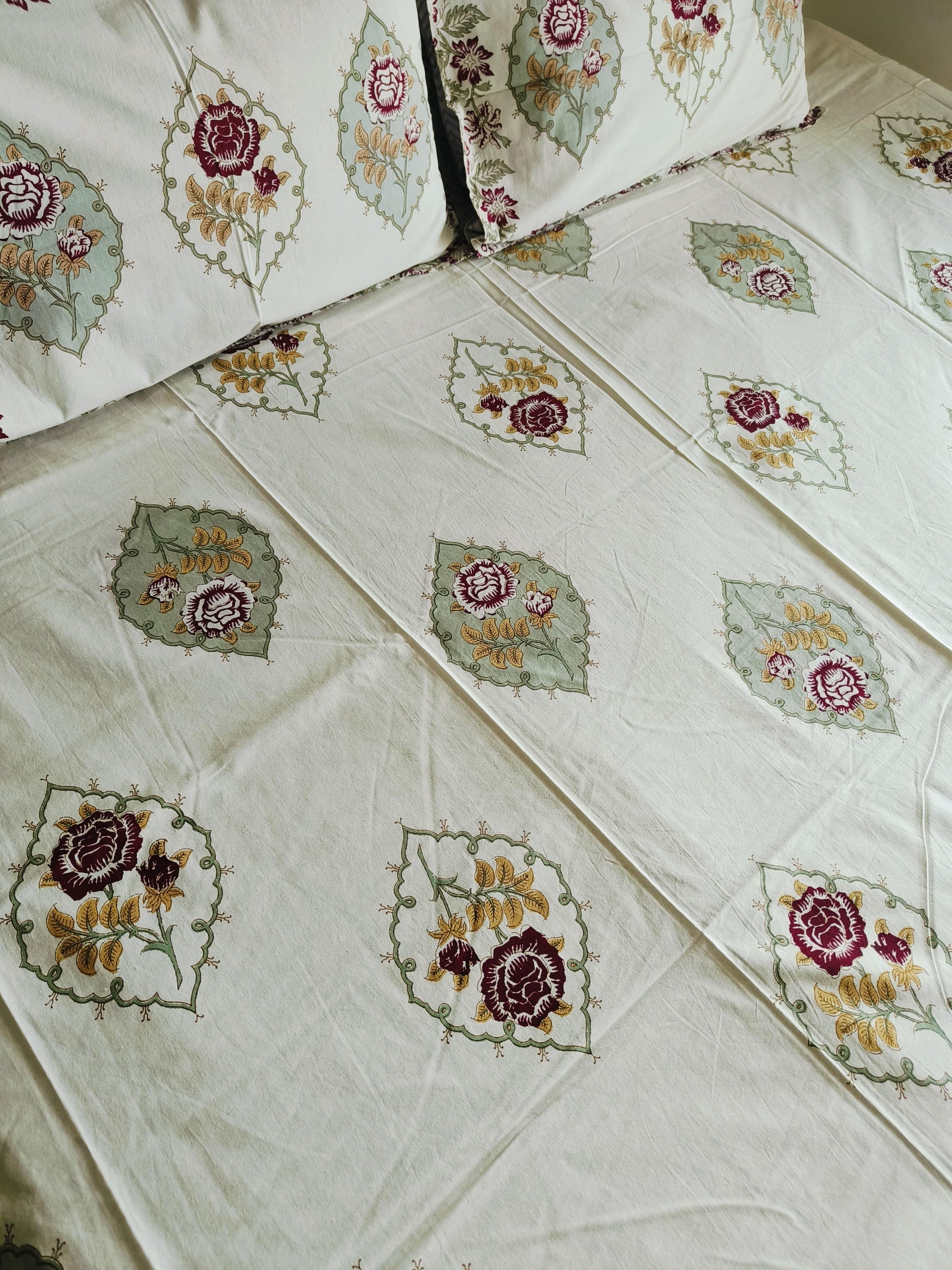 White Cotton Jaipuri Premium King Bed Sheet - Avyana Bedding Collection