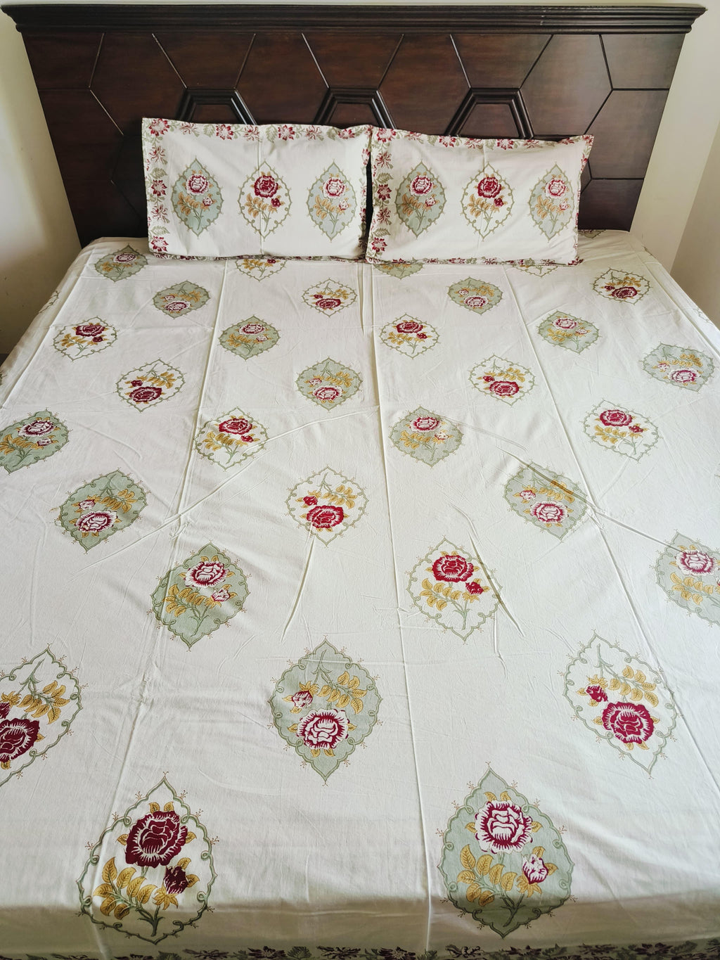 White Cotton Jaipuri Premium King Bed Sheet - Avyana Bedding Collection