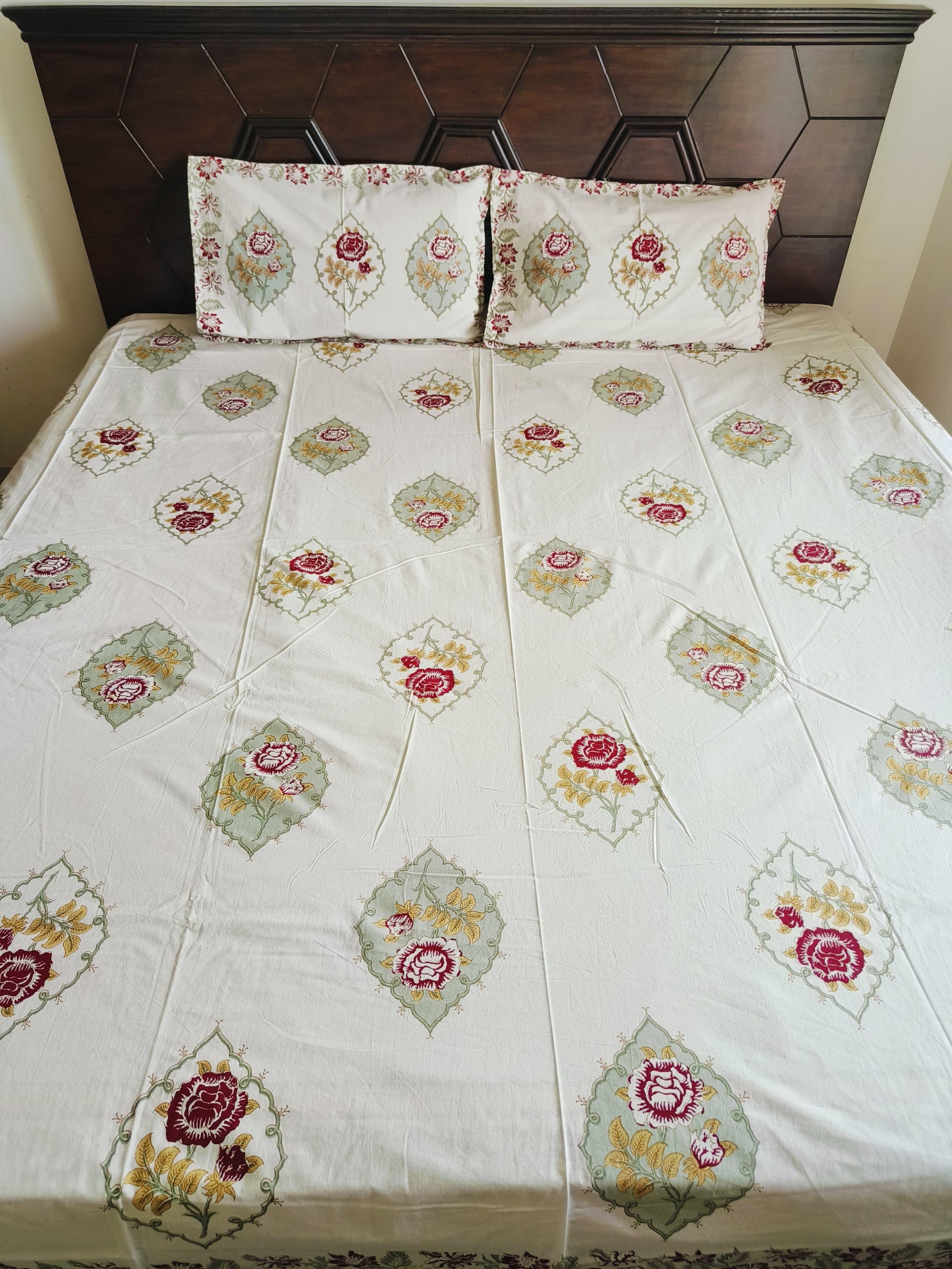 White Cotton Jaipuri Premium King Bed Sheet - Avyana Bedding Collection