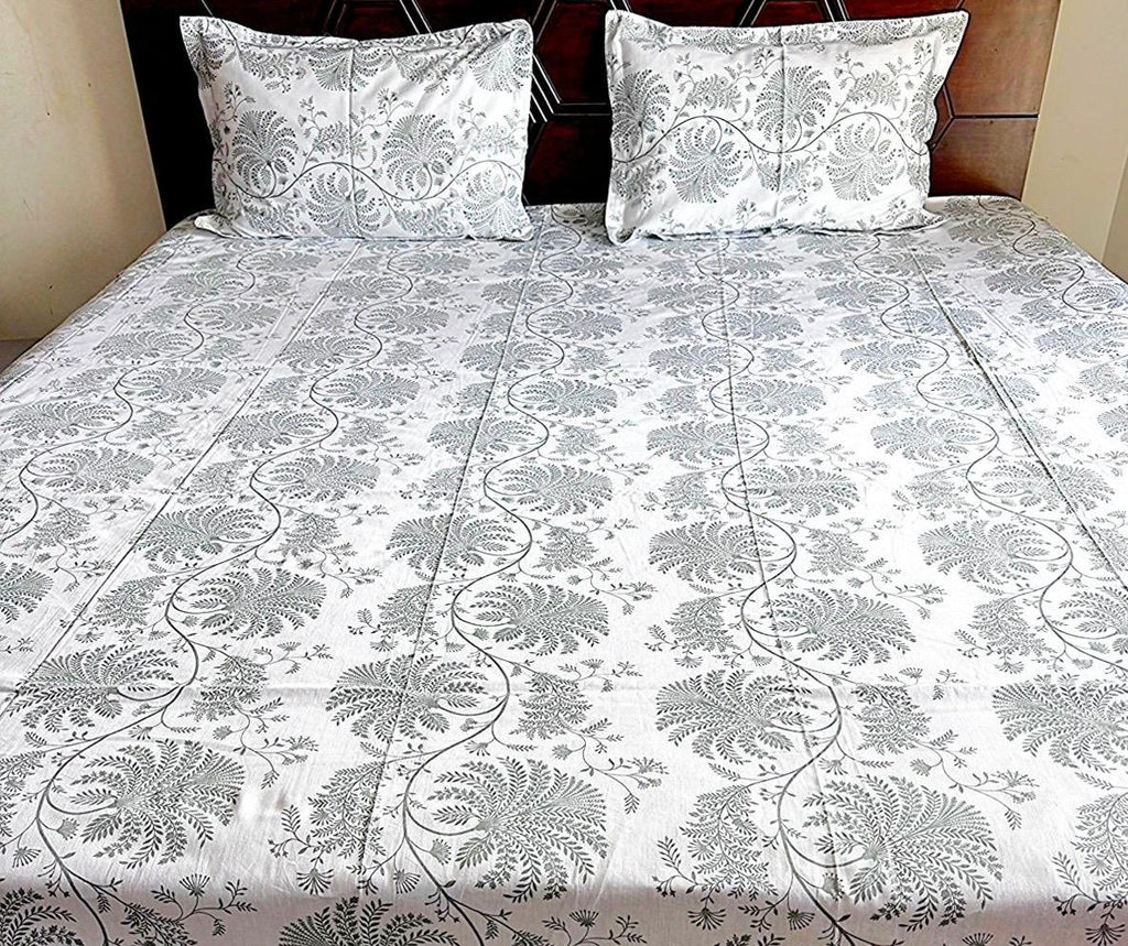 White Fern & Vine Jaal Cotton Bedsheet Set - Avyana Bedding Collection