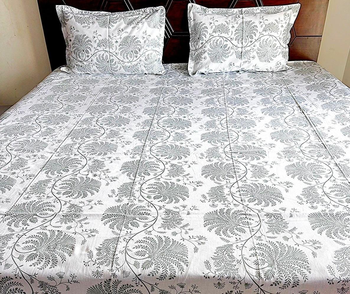 White Fern & Vine Jaal Cotton Bedsheet Set - Avyana Bedding Collection