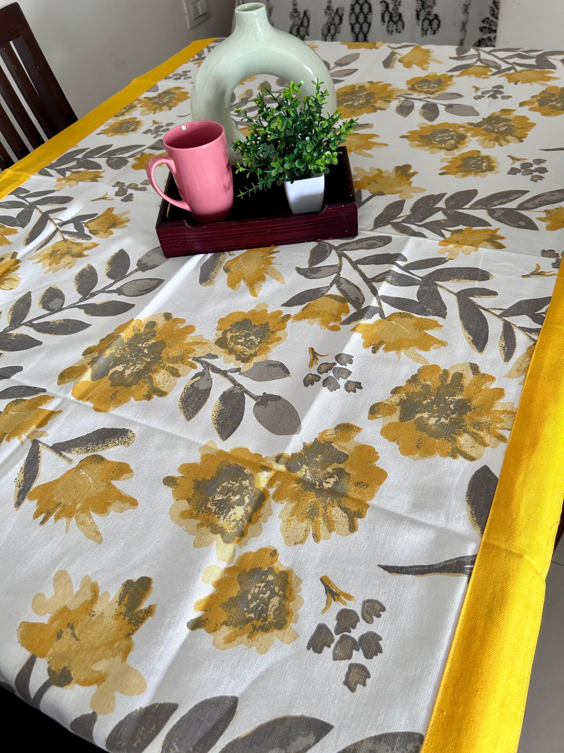 Yellow Cotton Floral 4 Seater Dining Cover - Avyana Bedding Collection